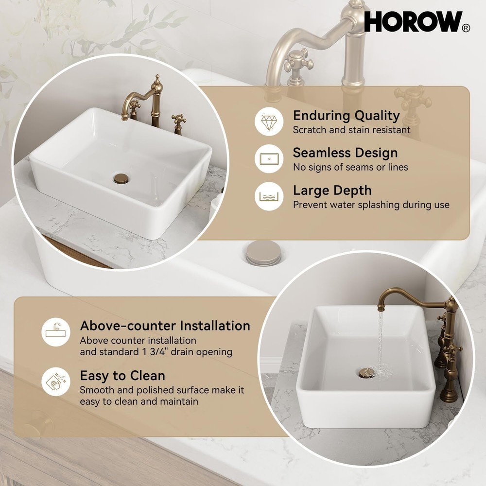 19''x15'' Rectangular Vessel Bathroom Sink, Above Counter Ceramic Vanity Sink