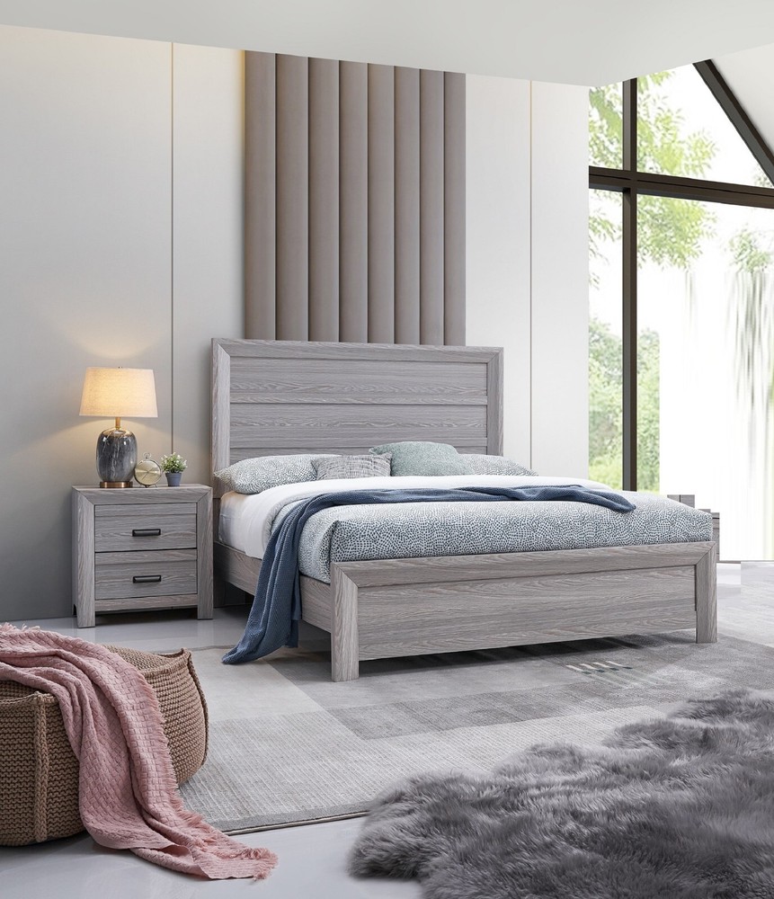 Contemporary Rustic 3Pc Queen Size Panel Bed Nightstand Gray Finish Bedroom Set