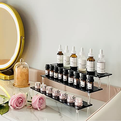 Black Acrylic Shelf Riser - 3 Tier Perfume Organizer Cologne Display Stand