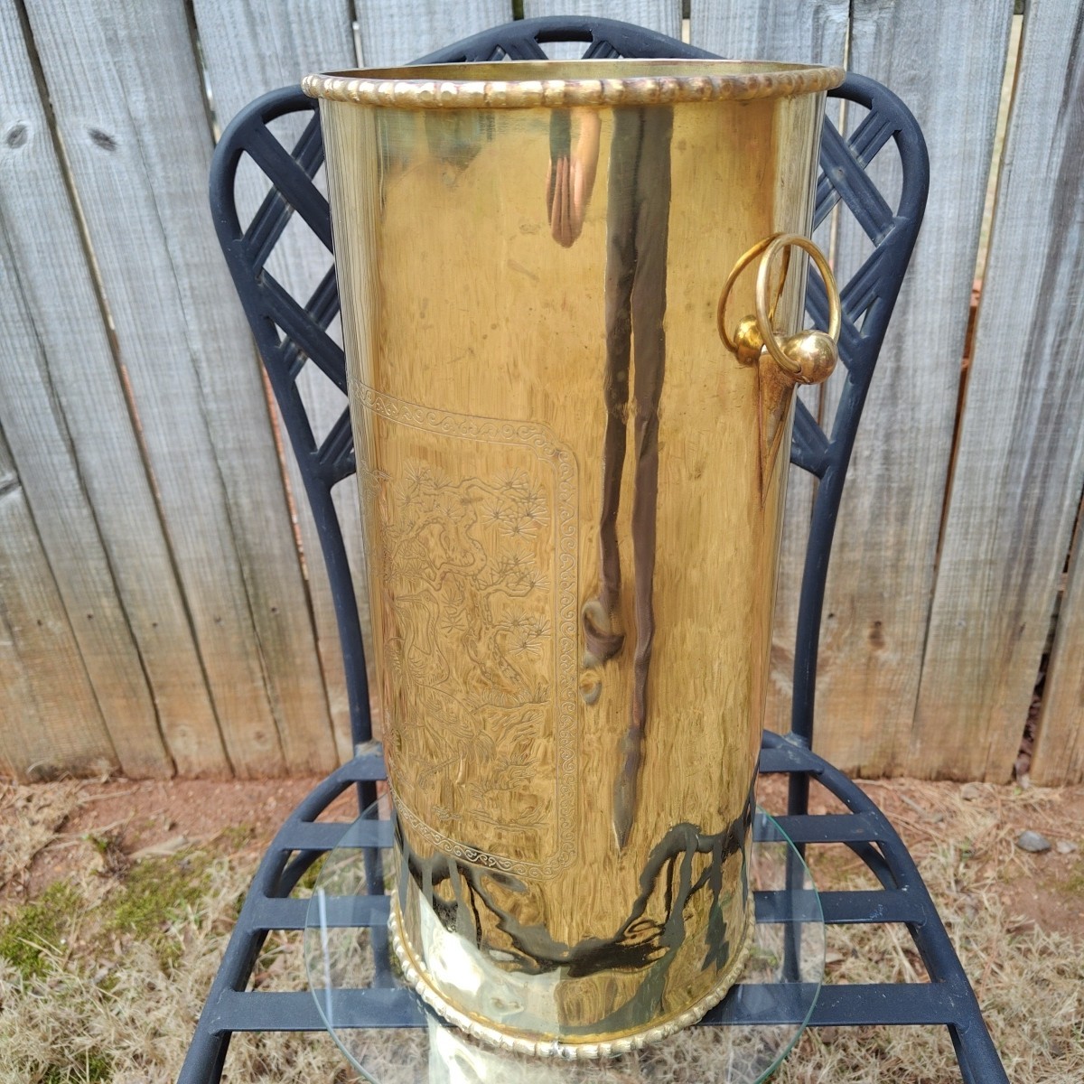 Vintage Brass Umbrella Cane Holder Stand 18" with Decorative Handles Asian Motif