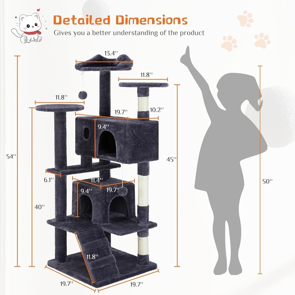 Gray Multi-Level Indoor Cat Tree Tower - 54" Activity Climbing House