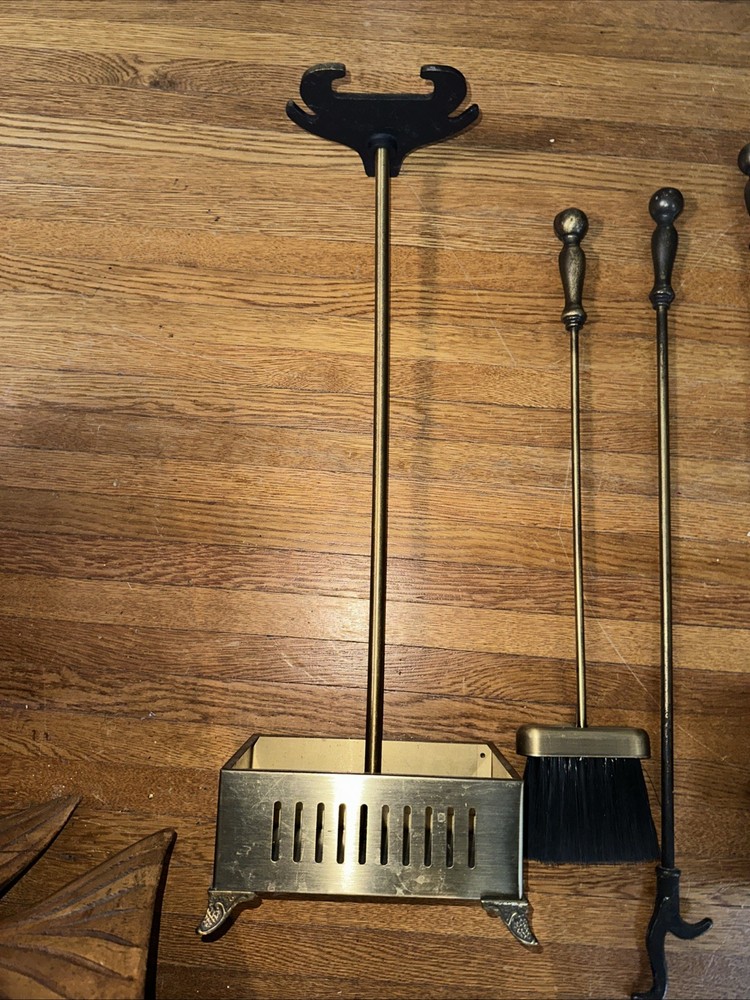 Vintage 4 Piece Brass Fireplace Tool Set with Holder