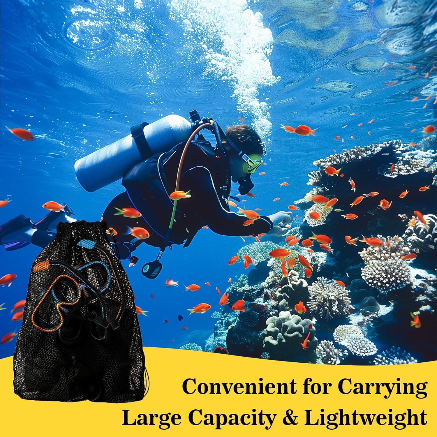 3PCS Mesh Bag - Drawstring Dive Bag Snorkel Dive Backpack for Swimming Gear, Div