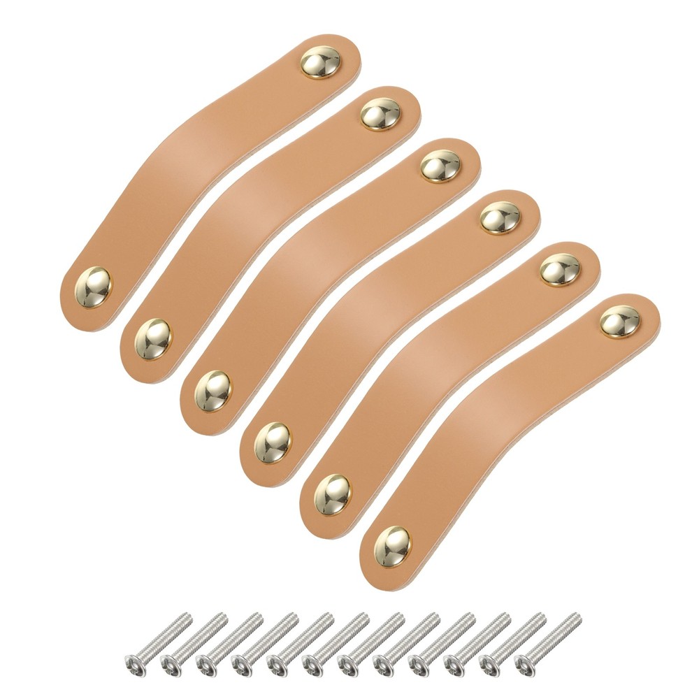 6 Packs Leather Drawer Pulls Double Hole Knobs, Beige/Gold(Hole Spacing:96mm)