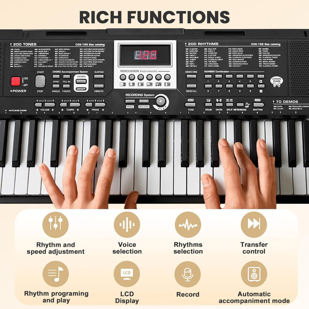 61-Key Electronic Keyboard Piano for Beginners with 200 Tones & Rhythms, Microph