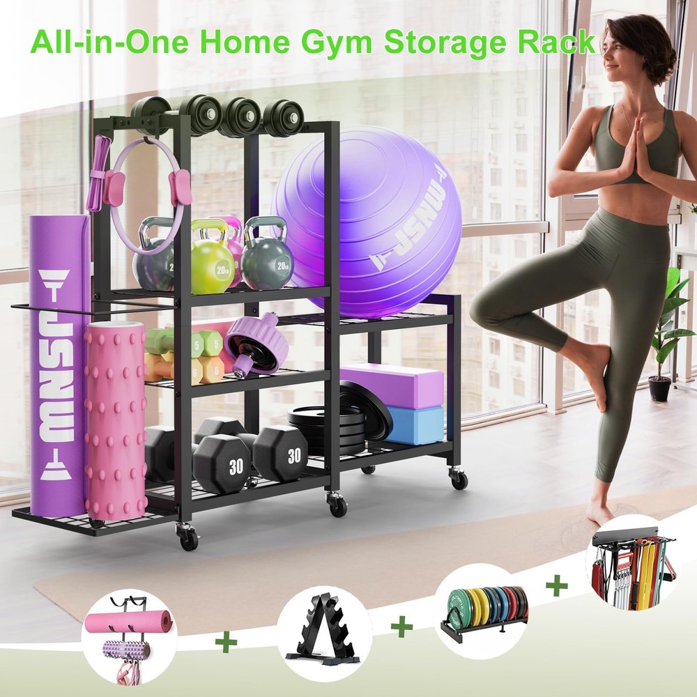 6-Tier Multi-Functional Home Gym Storage Rack with Wheels and Hooks, Adjustable