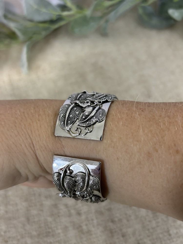 Whiting & Davis Silver Color Cuff Bracelet 3D Leaf Pattern
