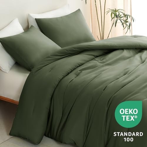 Comforter Set 3 Pieces 120x98 Solid Breathable Oversized King Olive Green