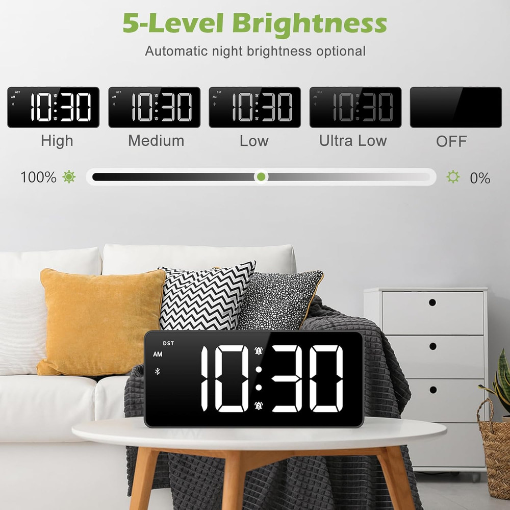 7 Inch Digital Alarm Clock with Bluetooth Sync Time, Auto-Sync Time, Adjustable