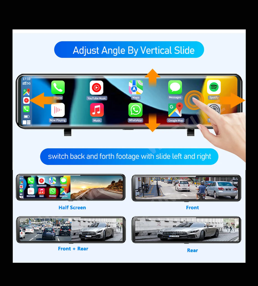 Wireless Carplay Android Auto Car Rearview Mirror Dash Camera Front 4K Dual Cam