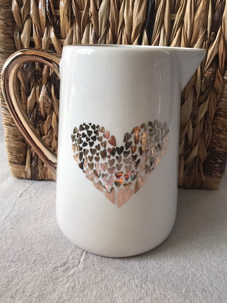 Ceramic Pitcher 7”Heart Flutter White W/ Copper Handle Unique. EUC debi Lily