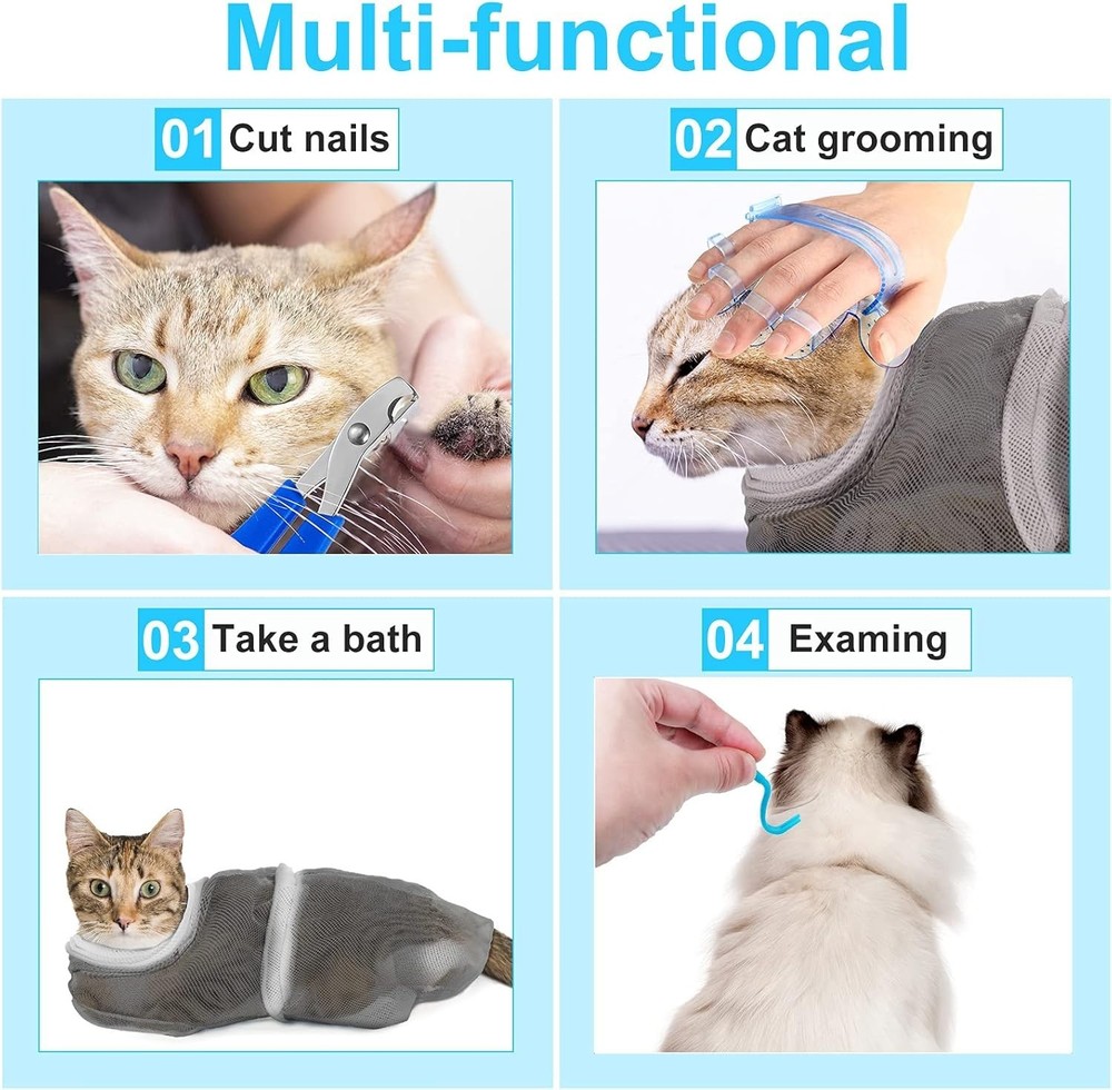 5-Piece Cat Bathing Set: Adjustable Grooming Bag, Muzzle & Clipper Essentials