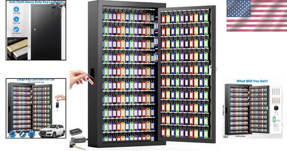Key Lock Box Wall Mount with 250 Key Capacity Side Hooks and Key Tags