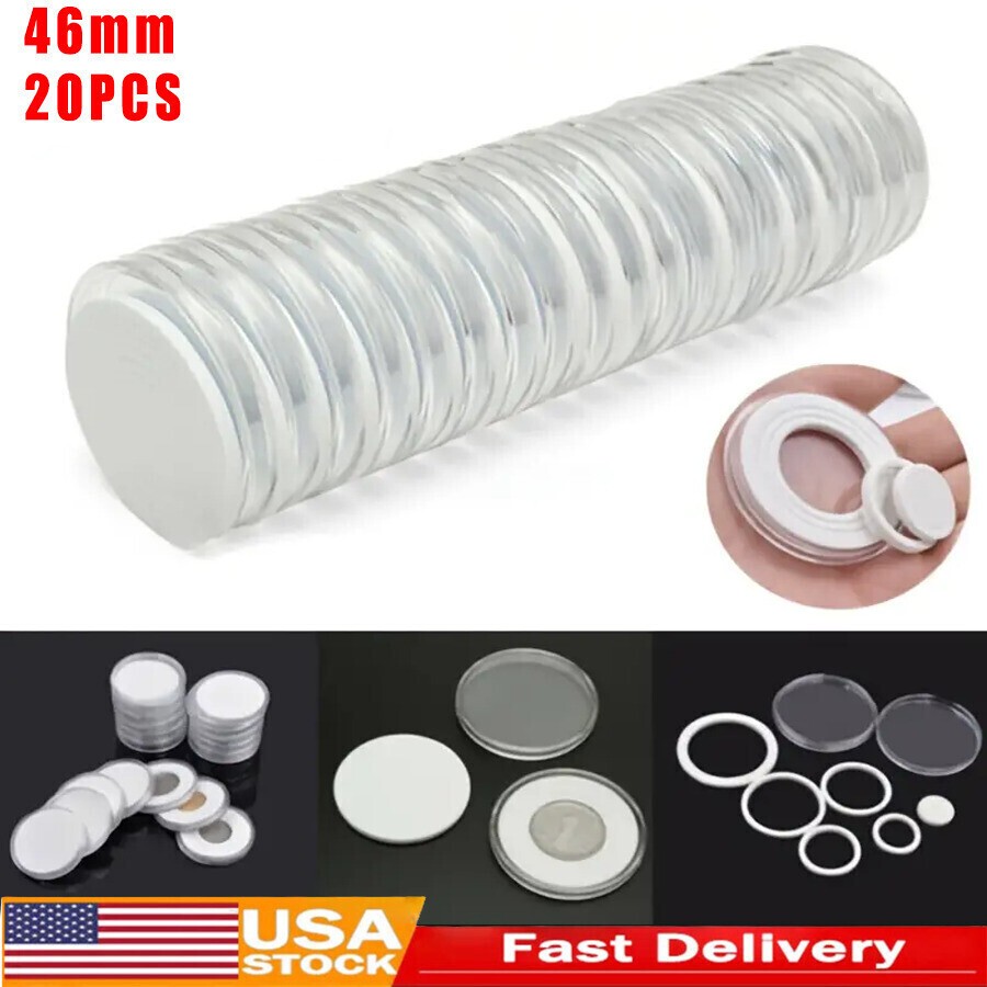 20Pcs 46MM Clear Round Coin Capsule Container Storage Box Holder Case Plastic