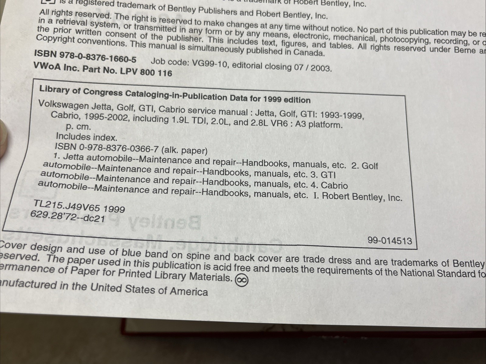Service Manual Volkswagen Jetta Golf GTI, 1993-1999 & Cabrio 1995-2002 Bentley