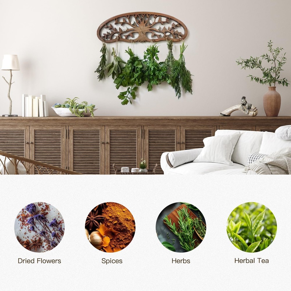 Rustic Pine Wood Herb Drying Rack Hanging with Floral Patterns Artistic Tree ...