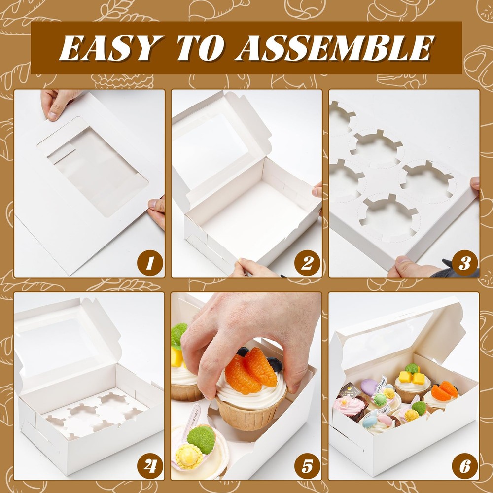 15 Pack Cupcake Boxes with Inserts 6 Holders, White Standard Bakery Boxes wit...