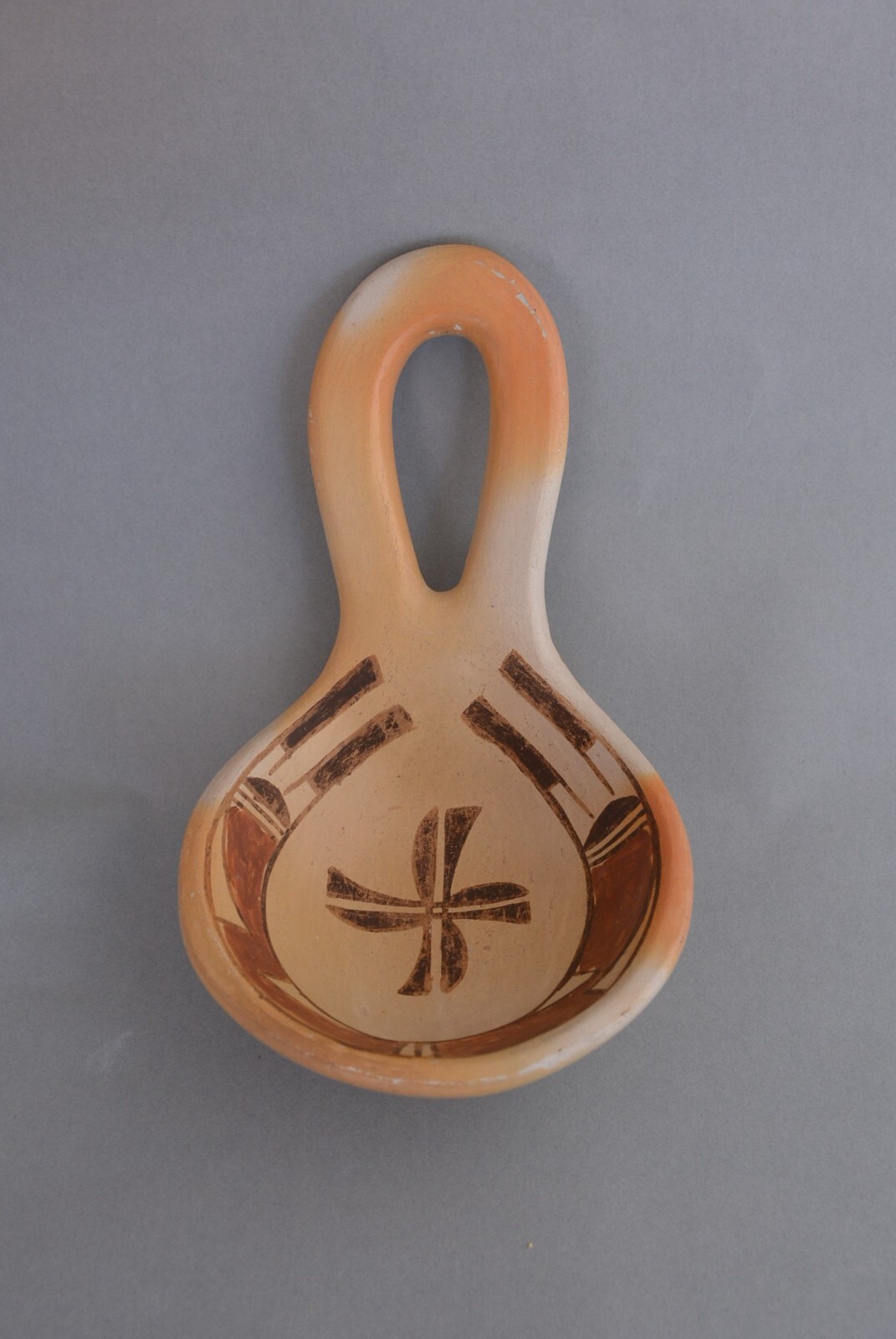 Large Old Hopi Indian Pottery Ladle - Polychrome - Cross Design - 10"