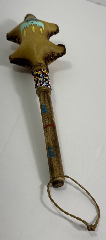 Rawhide Percussion Rattle with Beaded Handle - Turtle