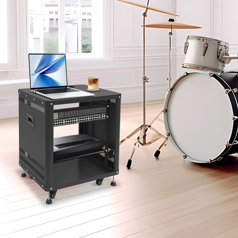 Network & Stereo Rack with Caster Wheels DJ Rolling Server Shelf Open Cabinet