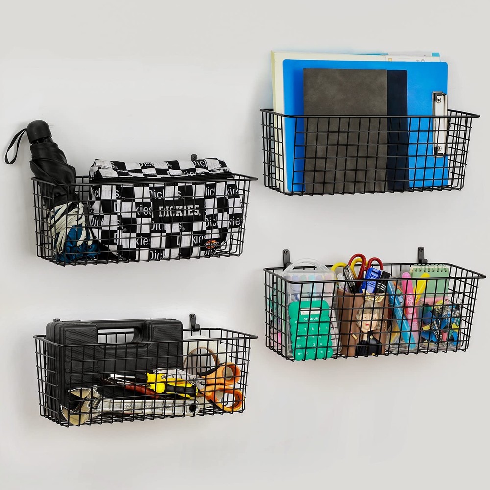 4 Set [EXTRA LARGE] Hanging Wall Mount Storage Baskets Extra Large, Black