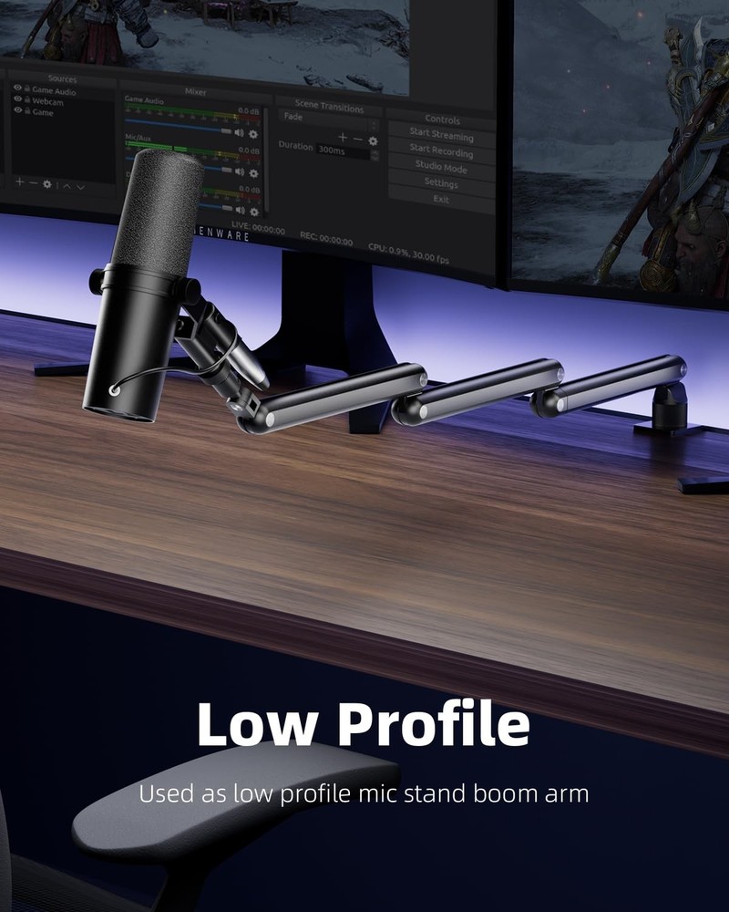Mic Arm for Lightweight Mics, Microphone Arm Rotatable, Storable Desk Mic Sta...