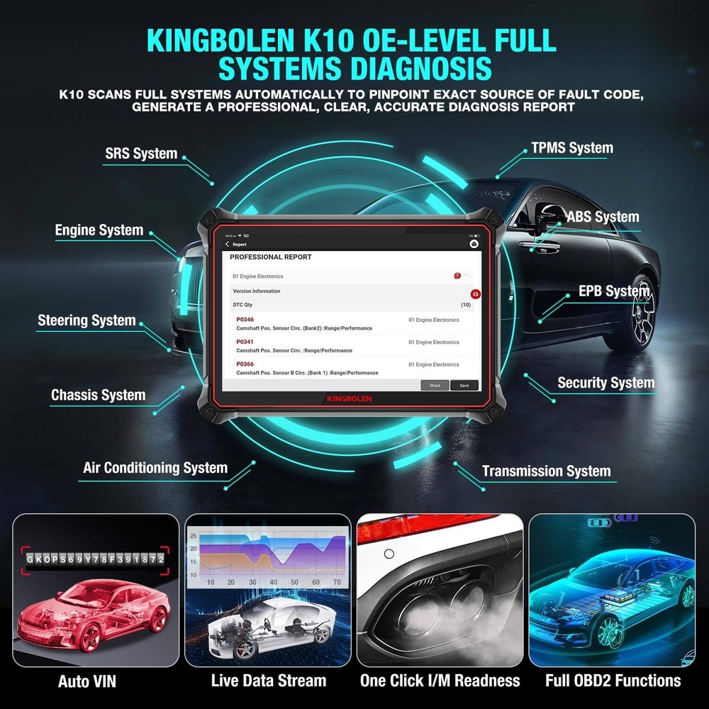 KINGBOLEN K10 10" OBD2 Scanner All System Bidirection Diagnostic Tool ECU Coding