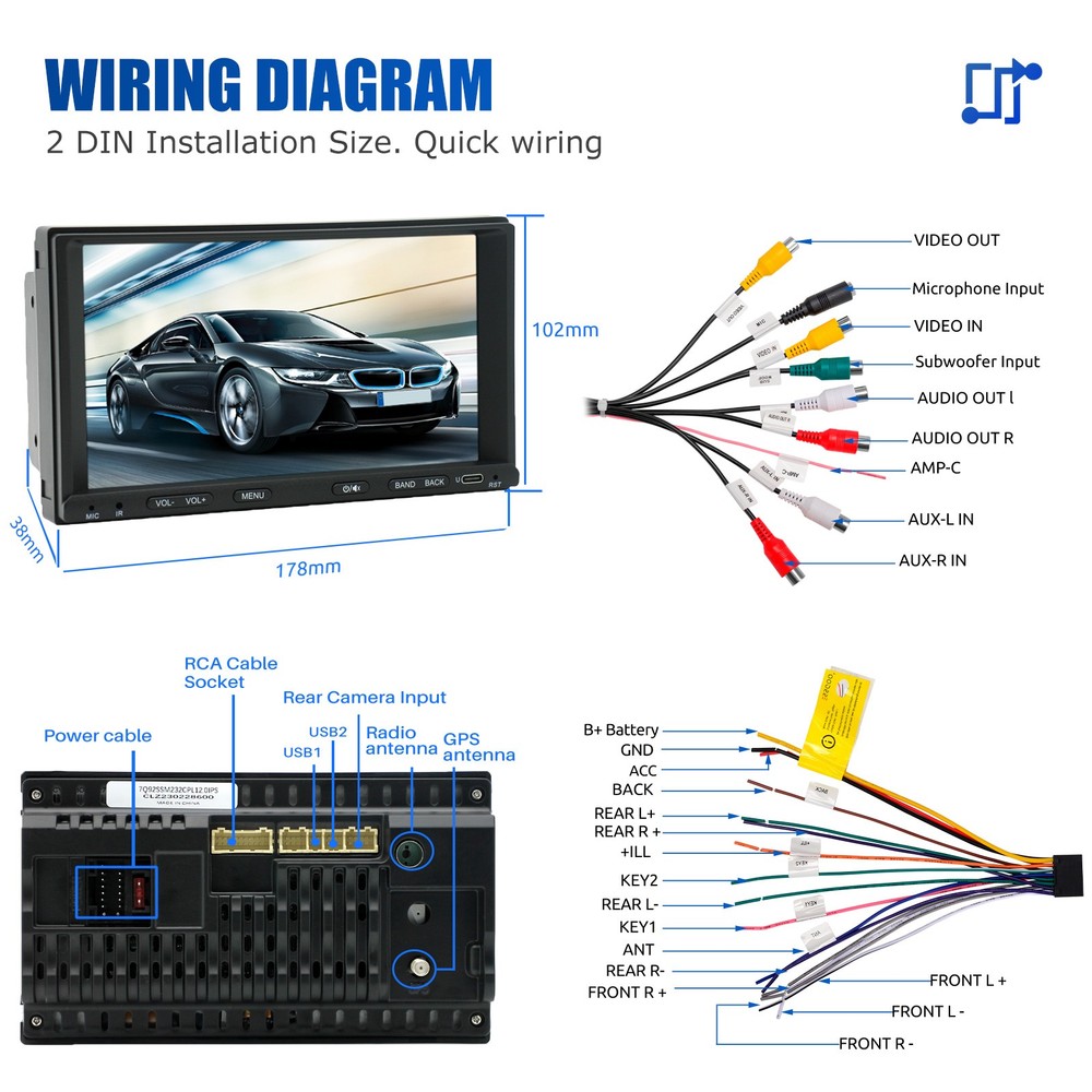 7'' Double 2 DIN 64G CarPlay Android 15 Car Stereo Touch Screen GPS 64GB Camera