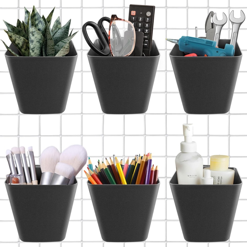 Large Grid Wall Bins - 6Pack Black Gridwall Hanging Cups with Back Hooks - Pl...