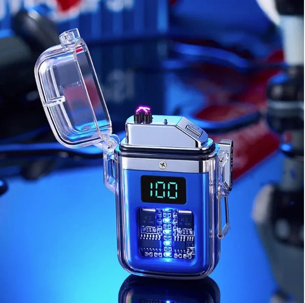 Transparent shell waterproof rechargeable pulse lighter with digital display NEW