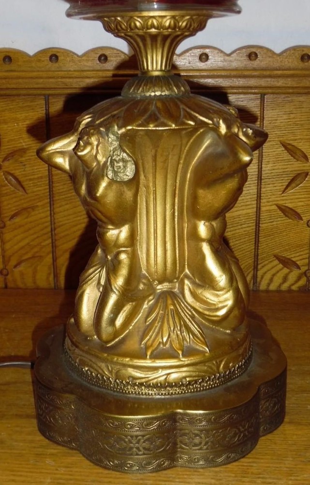 Vintage Neoclassical Flash Ruby Shade Lamp w/ Three Men Base