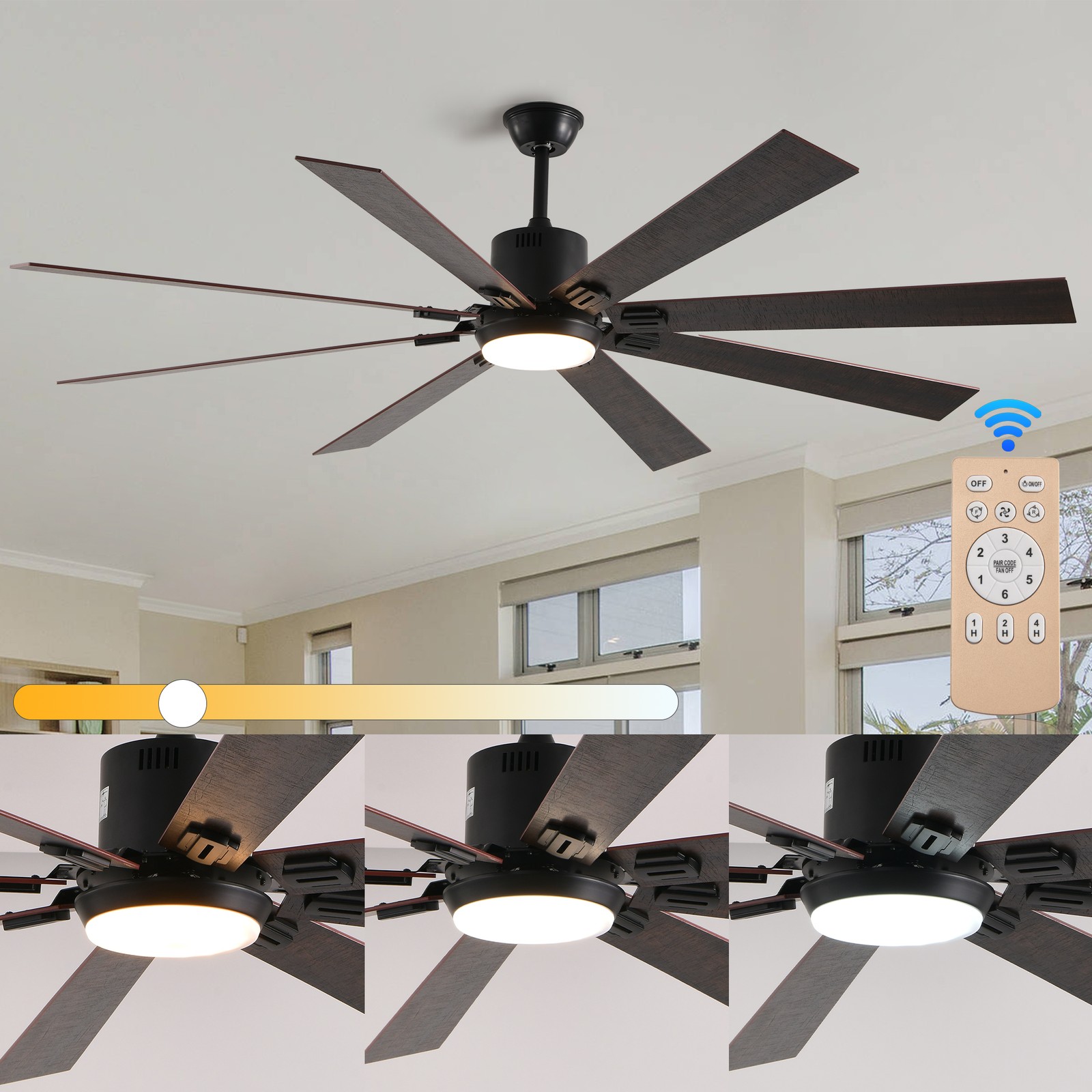 72'' Walnut Black Ceiling Fan with Light & Remote 6 Speeds 3CCT Reversible Motor