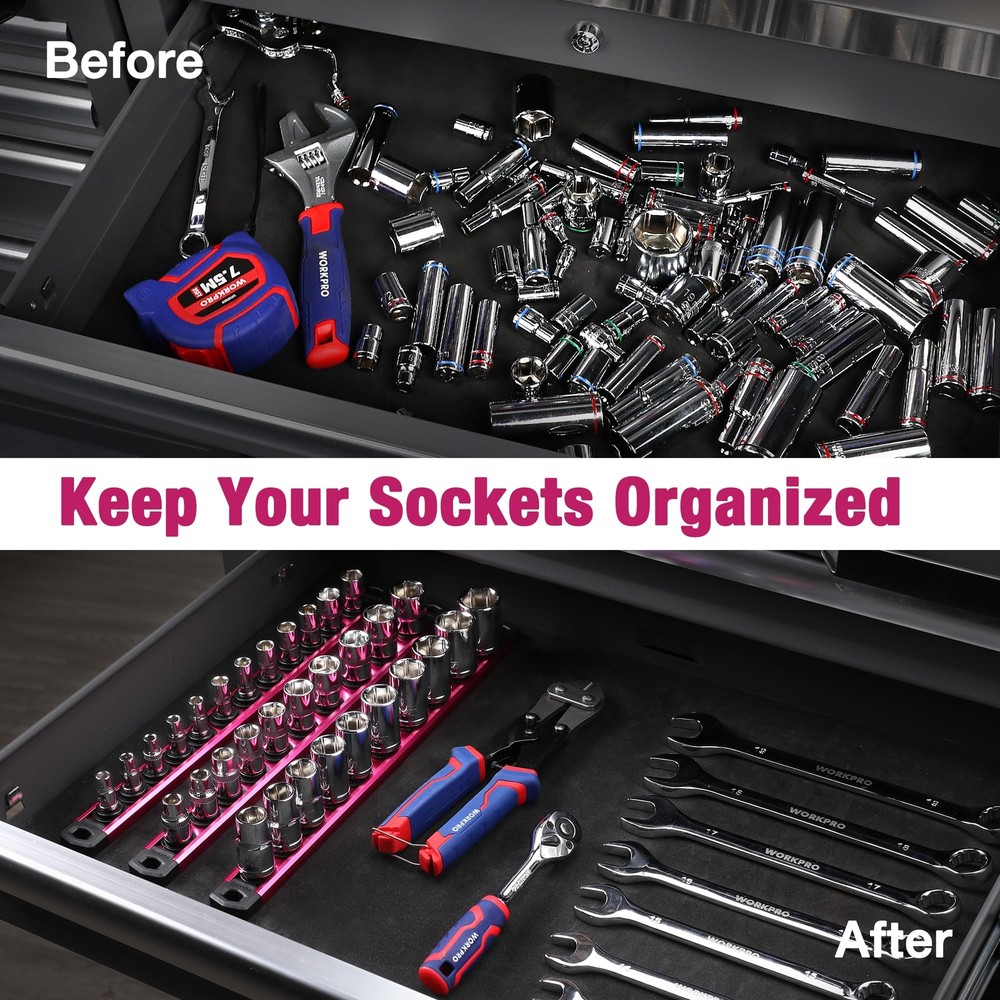 WORKPRO Heavy Duty Magnetic Socket Organizer 1/2" Dr Socket Holder Rack 10 Clips
