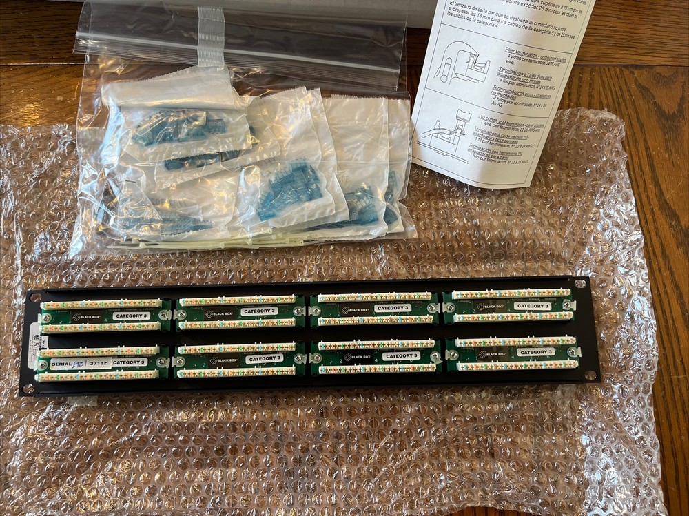 Black Box CAT3 Panel 48-Port Patch Panel T568A Wired 19” 2- Rack Space (NEW)
