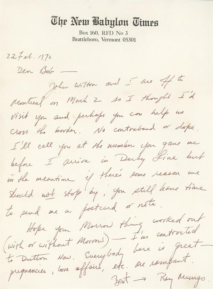 Ray Mungo- Signed Handwritten Letter (Writer)