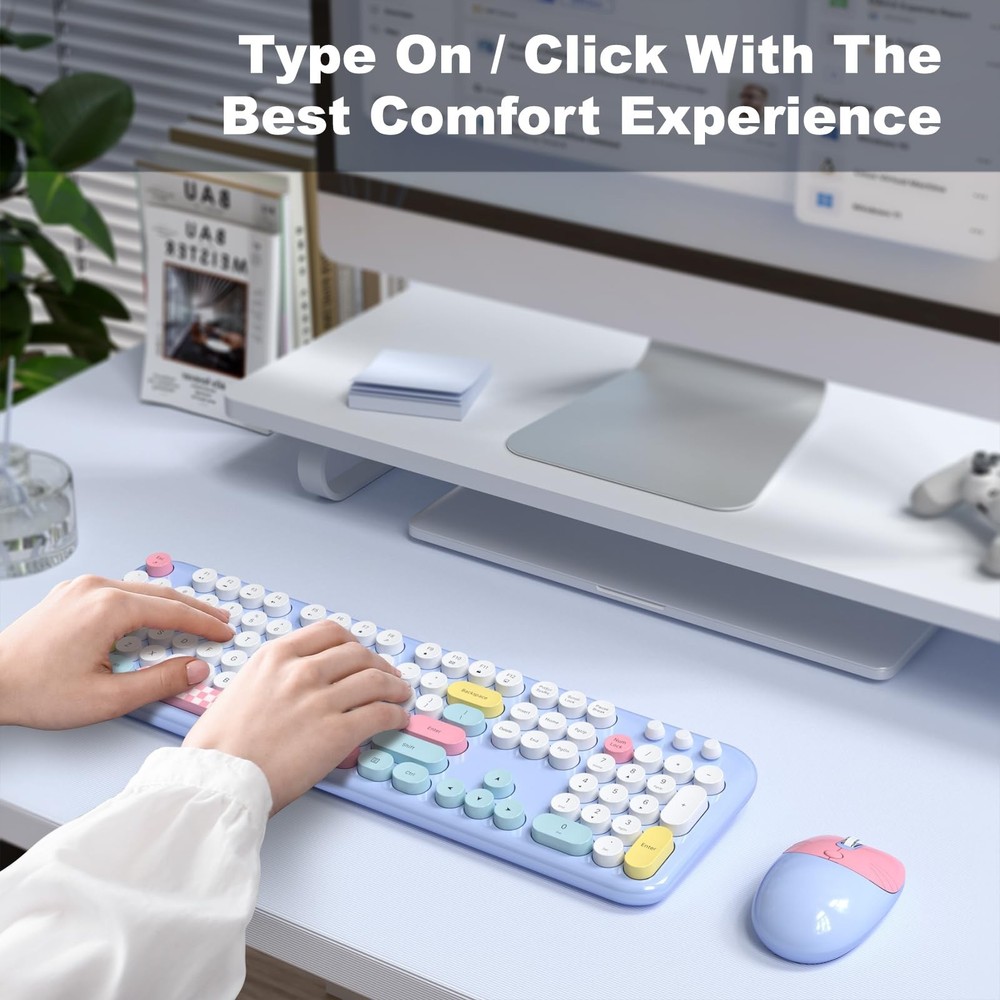 Wireless Keyboard and Mouse, Full Size Typewriter Keyboard and Cute Cat Shape...