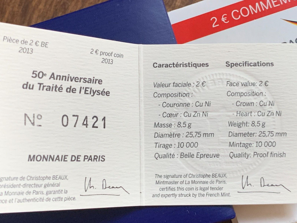 FRANCE TRAITÉ DE L`ELYSÉE 2e PROOF 2013