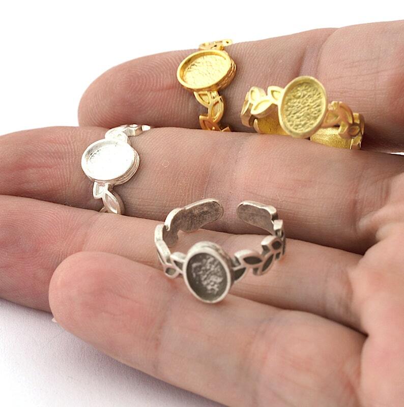Leaf Band Ring,Bezel Setting Blank Raw Brass,Antique-Shiny silver 5411
