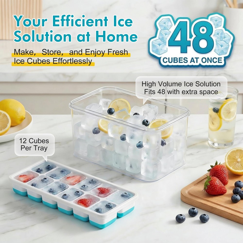NFK Ice Cube Tray with Lid & Bin - 4 Pack Stackable Silicone Trays for Blue