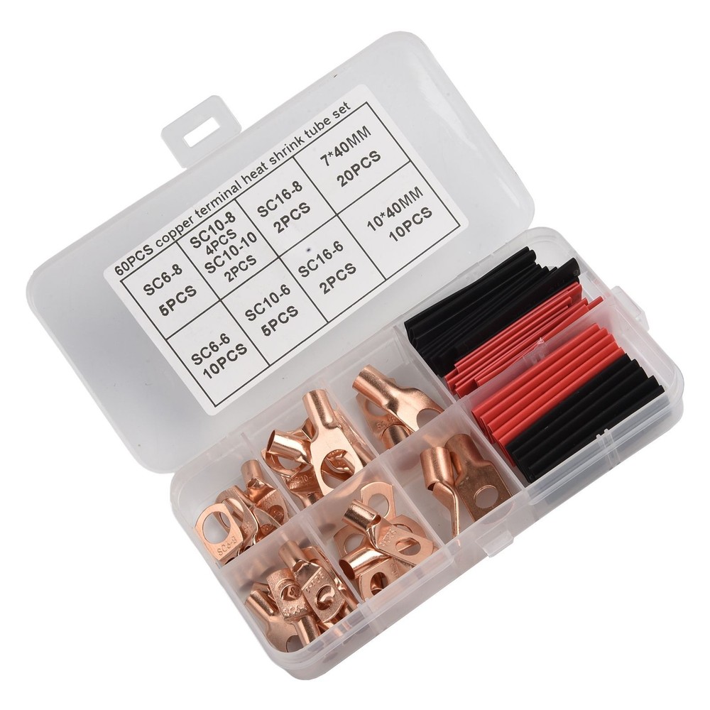 Complete Battery Terminal Copper Ring Terminal Wire Crimp Connector Kit 60pcs