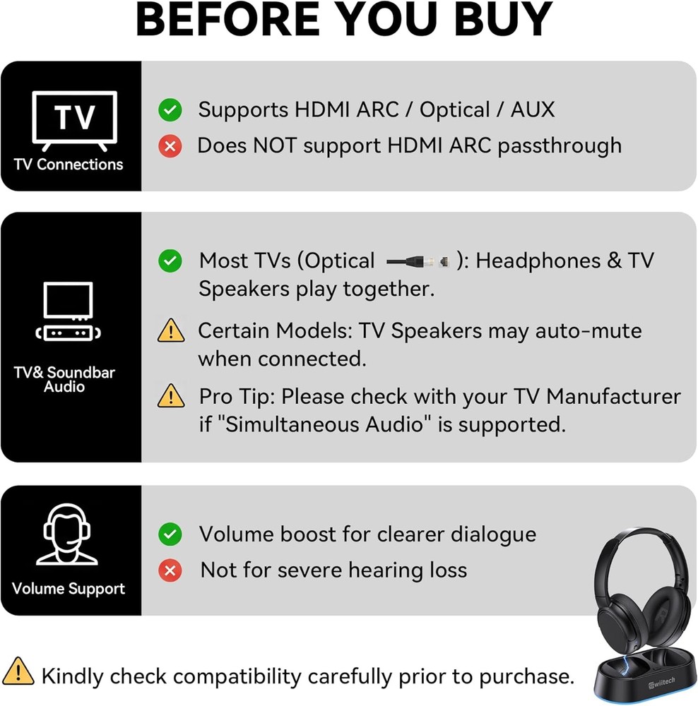 Swiitech Wireless Headphones for TV Transmitter Charging Base, Bluetooth