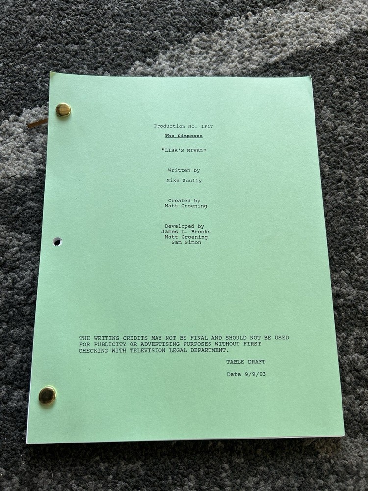 The Simpsons Lisa’s Rival Original Script 1993 S6 Ep 2 Animation