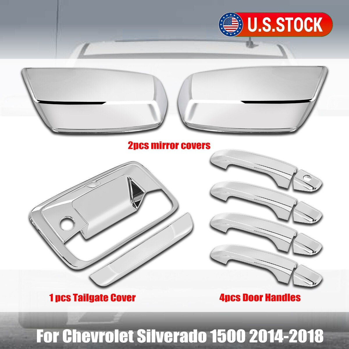 For Chevy Silverado 1500 14-19 Chrome Door Handle+Mirror+Tailgate Cover+Cam Hole