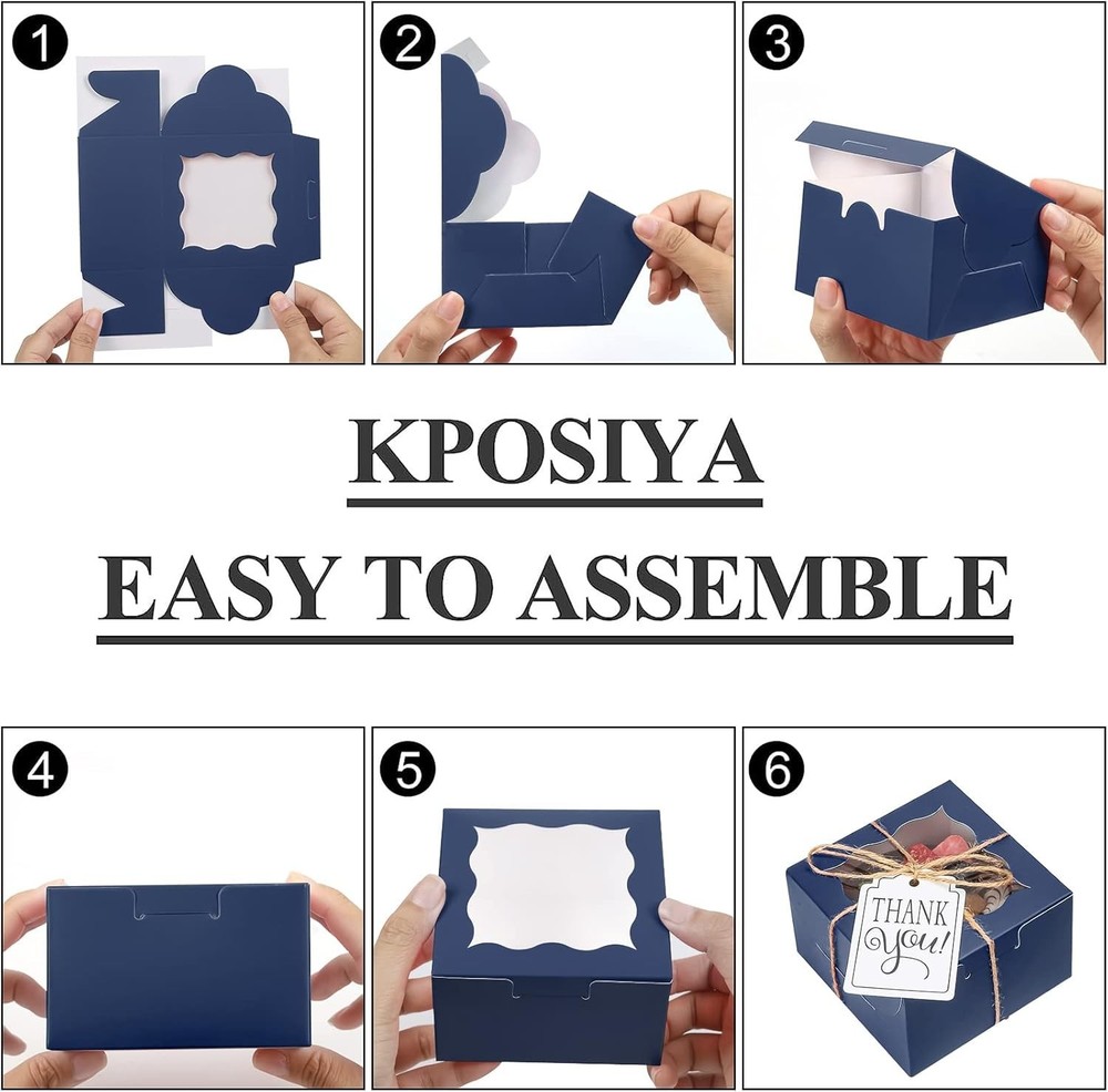 60 Blue Bakery Boxes with Window – Elegant Cupcake & Cookie Gift Boxes 4x4x2.5