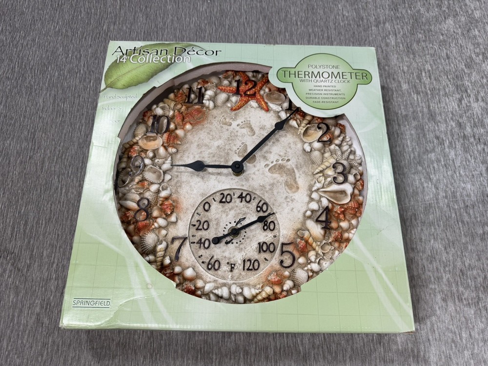 Springfield Clock Thermometer Seashell Ocean Nautical Polystone Indoor Outdoor