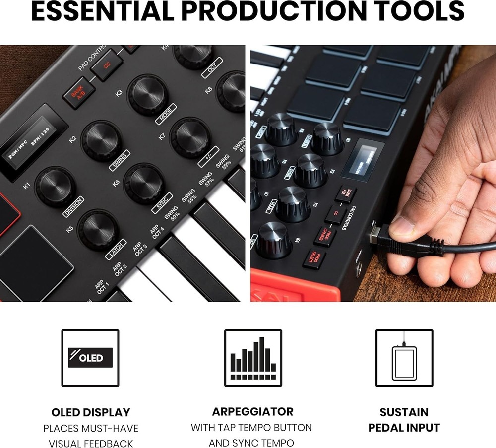 25-Key Portable USB MIDI Keyboard with 8 Drum Pads & Knobs for Pro Producers