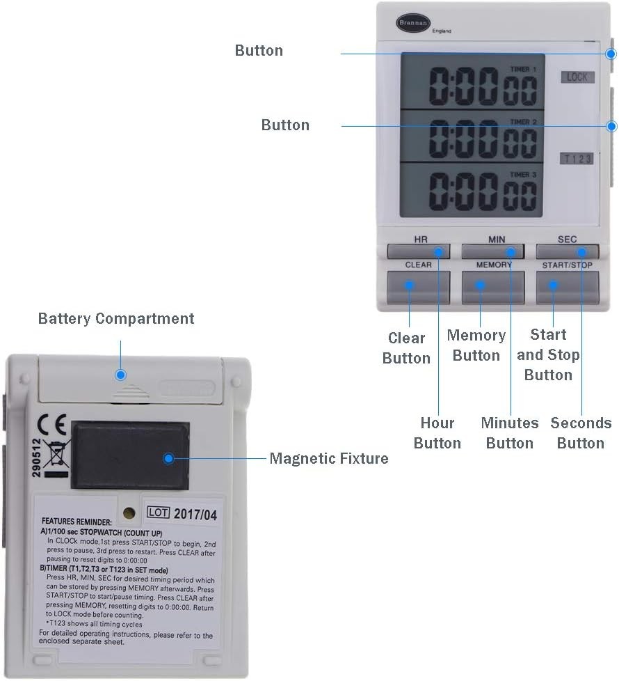 Brannan Digital Triple Kitchen Timer and Clock with Large LED Countdown Timer...