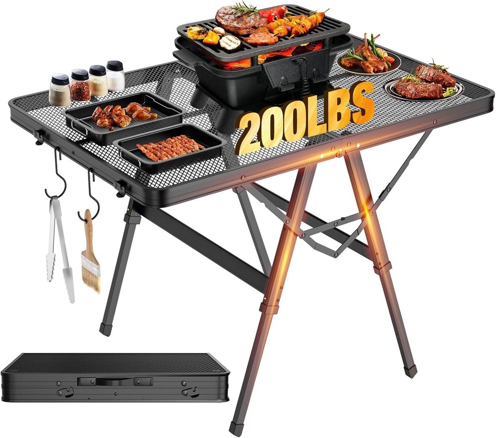 Foldable Grill Table with Mesh Desktop, 200lbs 3Ft Portable Folding Table, Heigh