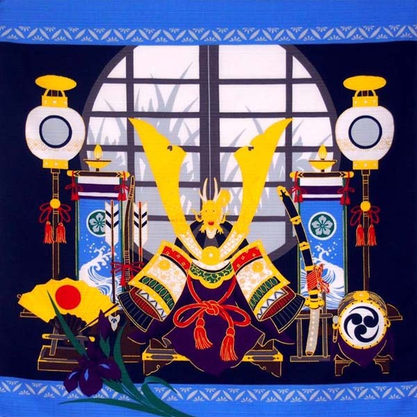 Japanese Furoshiki Wrapping Cloth Scarf Tapestry 19.75" Cotton Samurai Boy's Day