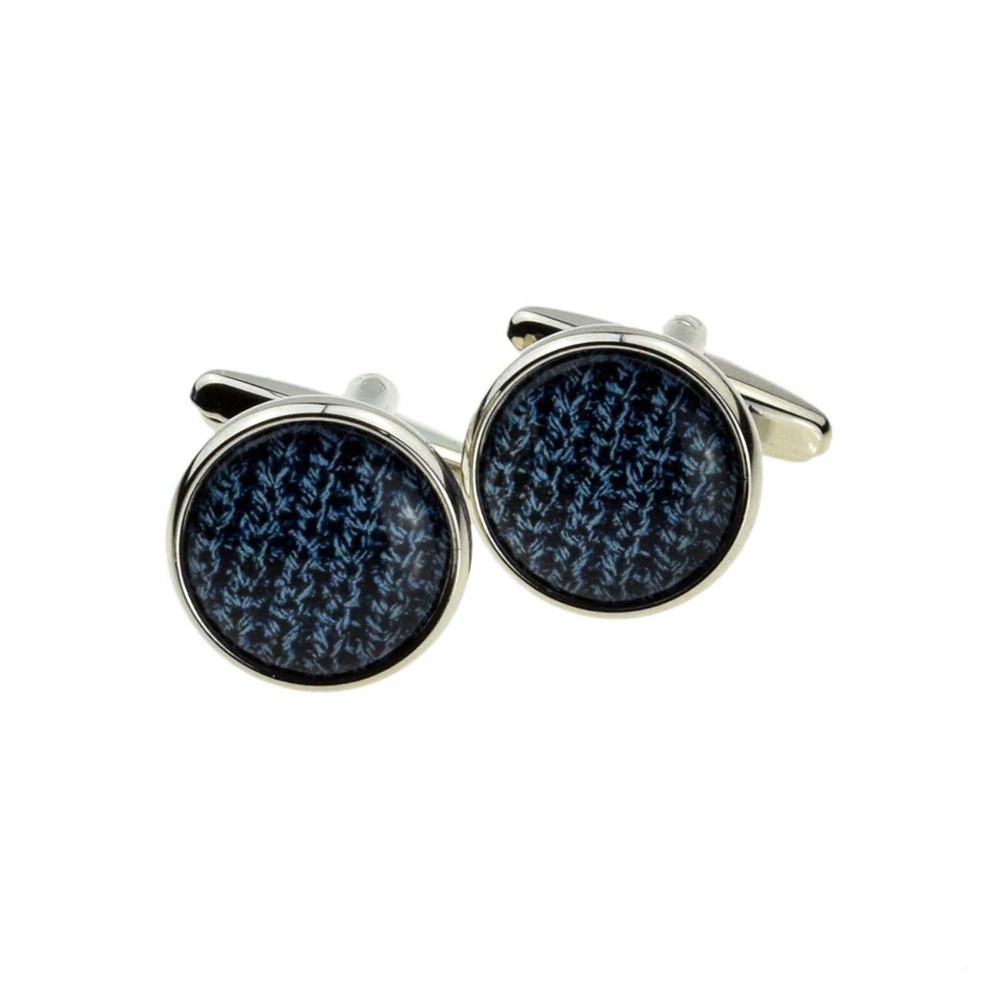 Blue Woollen Pattern Design Round Cufflinks Presented in a Personalised Box